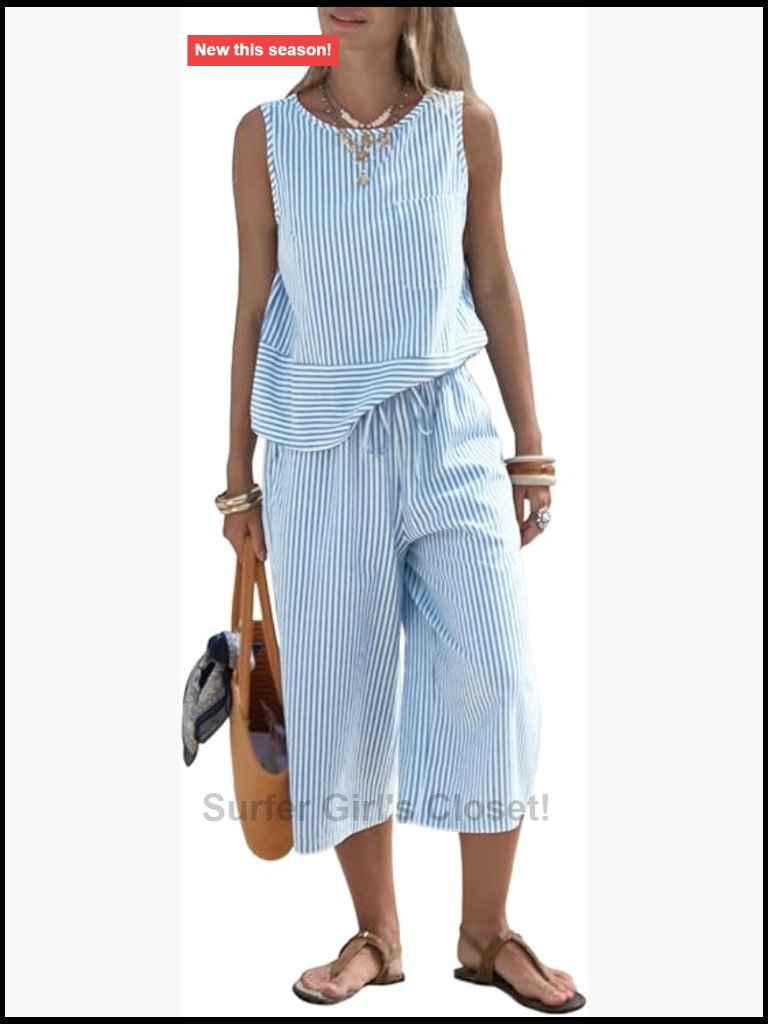 100% Cotton Striped Sleeveless Top & Wide Leg Capri Pants Set 2 Piece